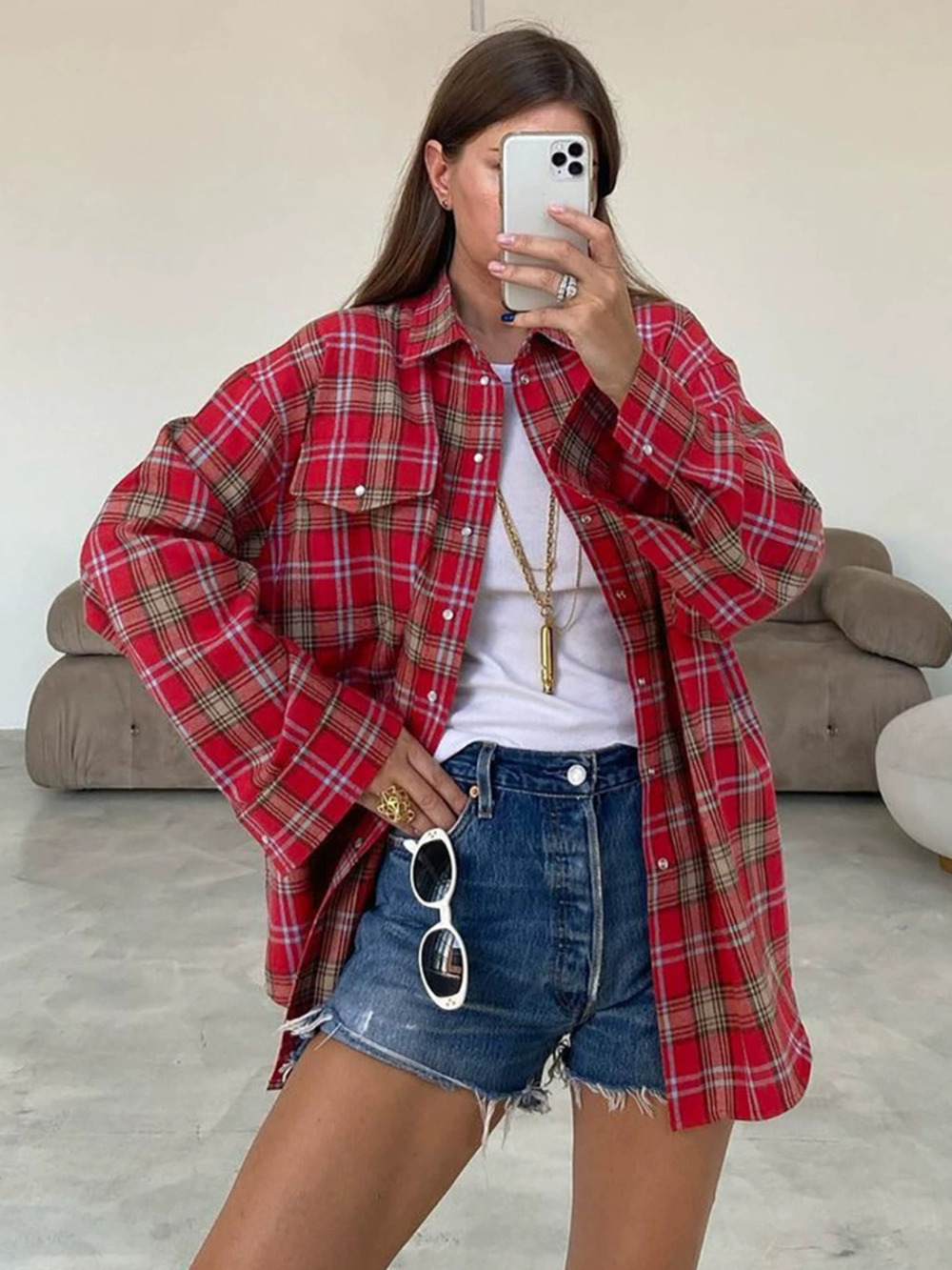 Forever 21 Red Plaid Shirt Long Sleeve Oversized Layering Tunic